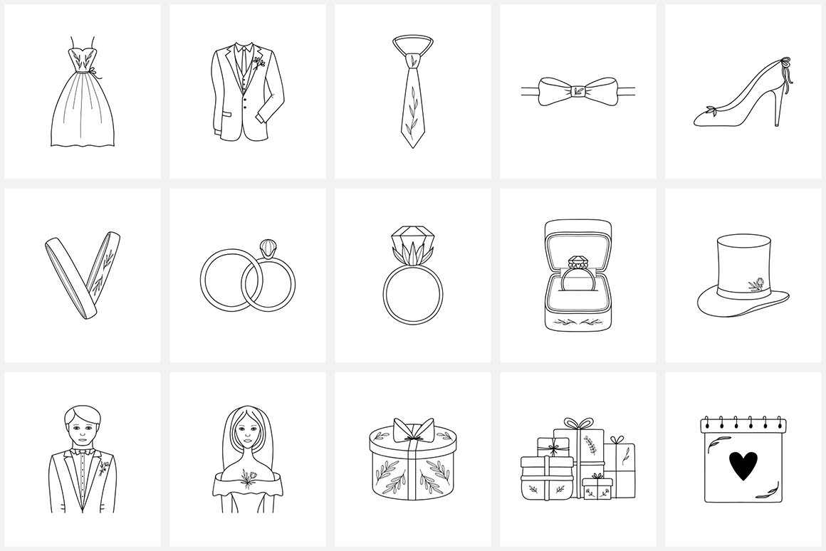 100 Hand Drawn Logo Elements- Wedding Line Icons