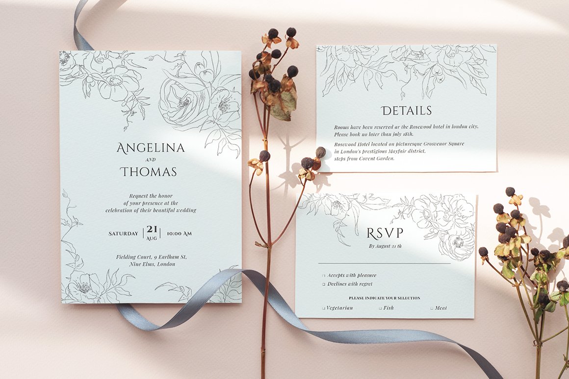 Floral Line Art Wedding Invitation