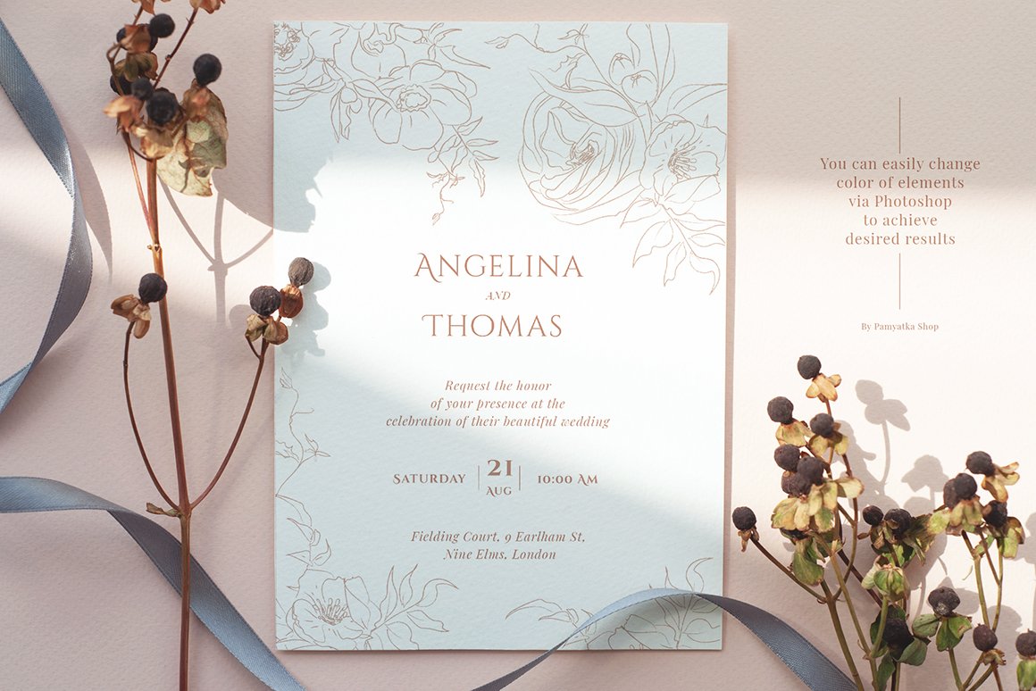 Floral Line Art Wedding Invitation