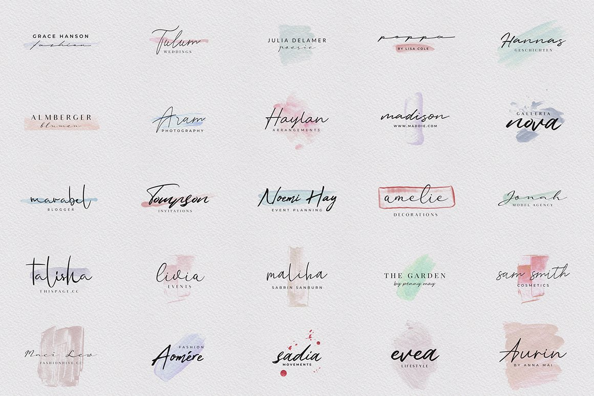 Feminine Script Logos with Watercolor Shapes