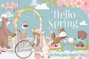 Hello Spring Woodland Animal Clipart Kit