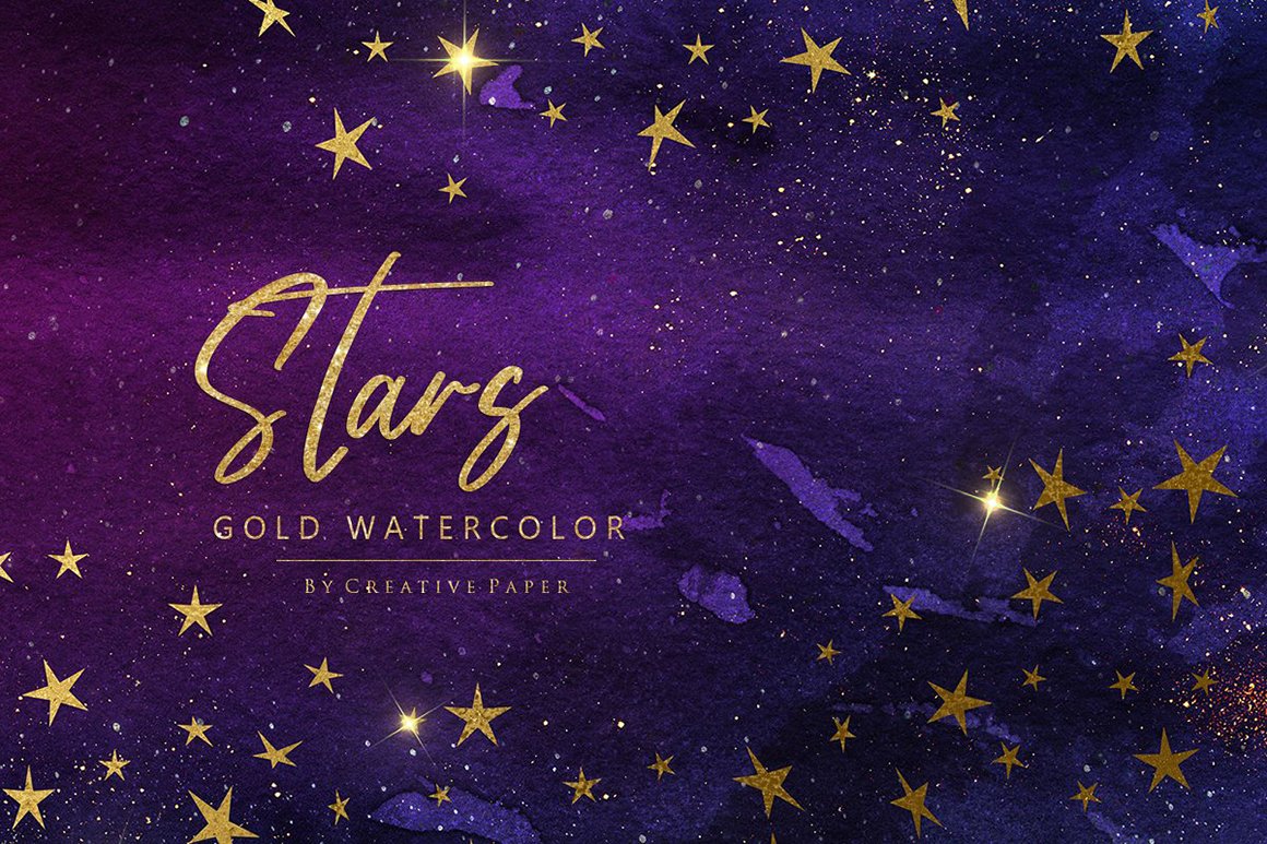 Watercolor Gold Stars and Sky Backgrounds