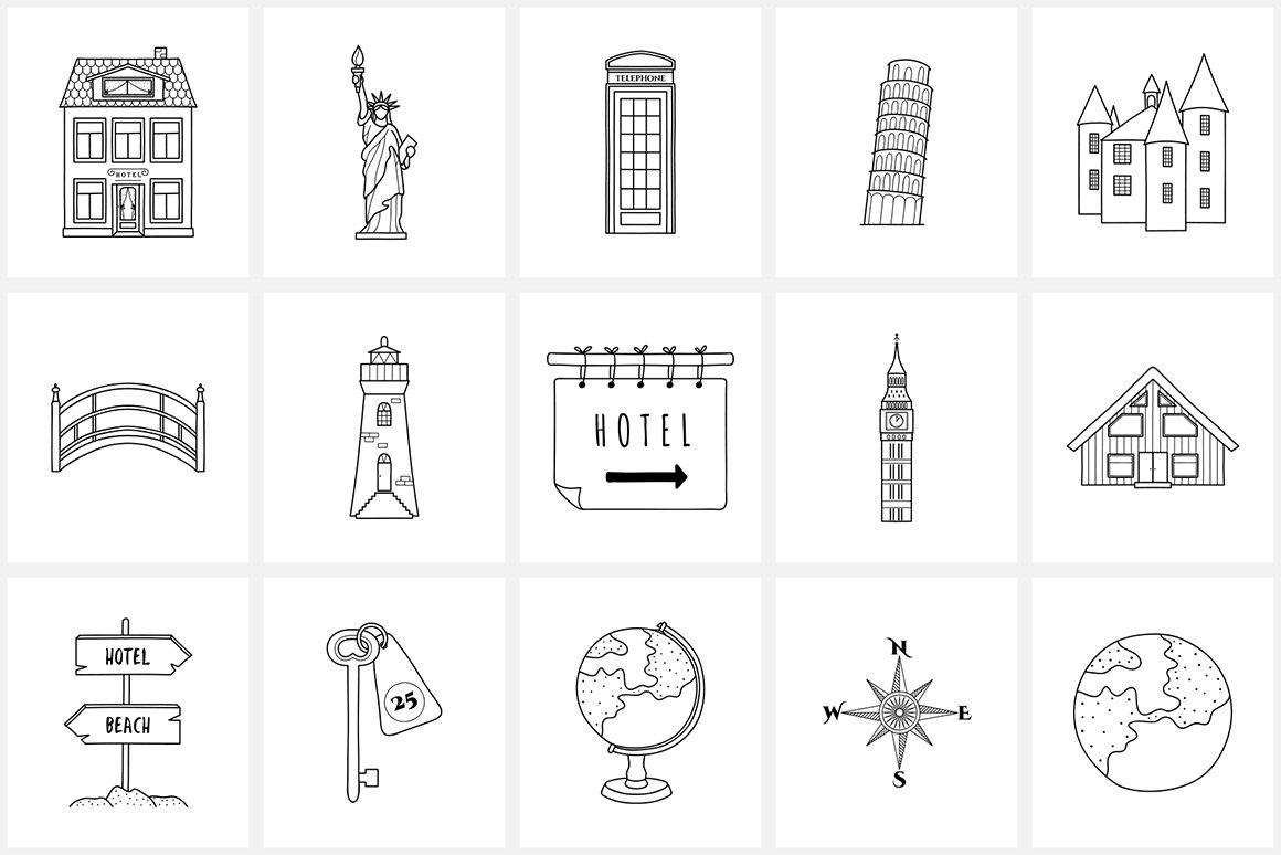 100 Hand Drawn Line Travel Icons Logo Elements