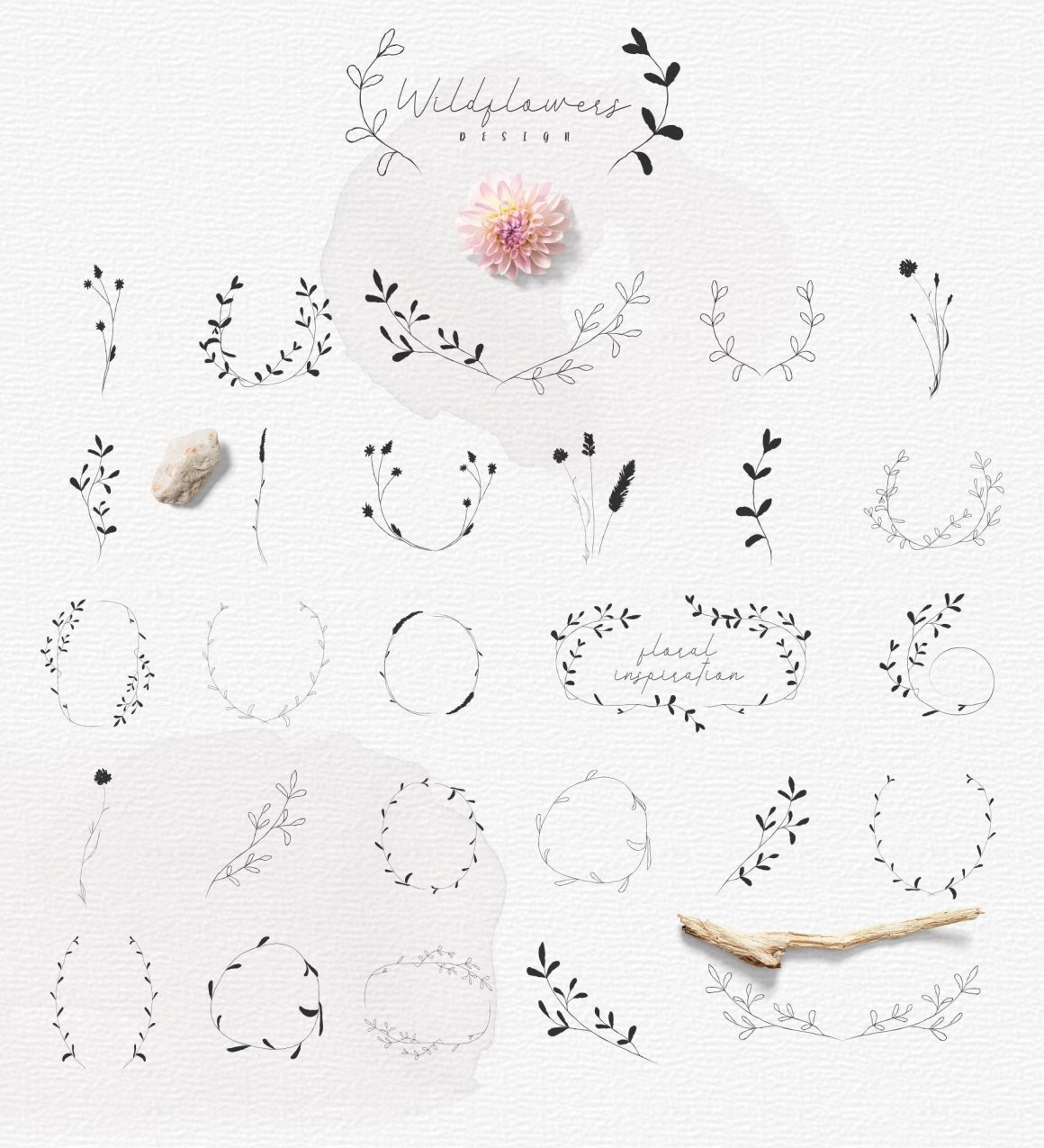Hand Drawn Botanic Elements, Floral Wreath, Frames
