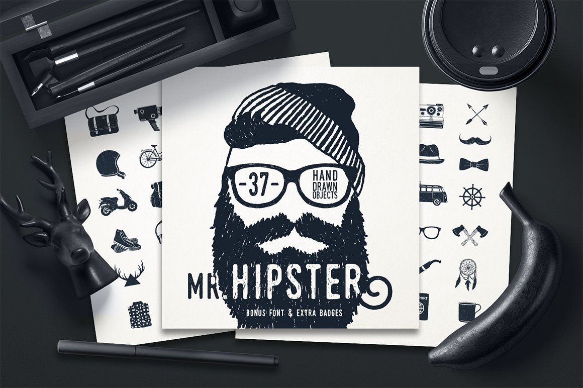 Mr.Hipster 37 Hand Drawn Objects + Bonus