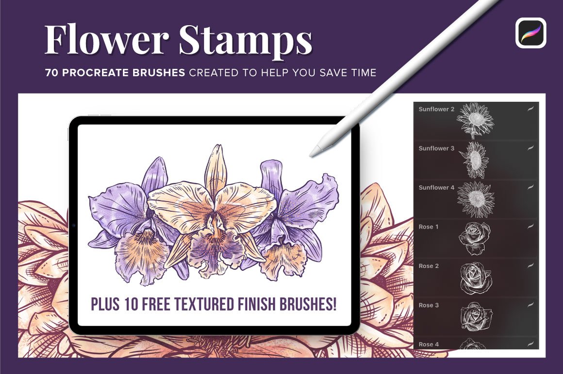 70 Flower Stamp Procreate Brushes