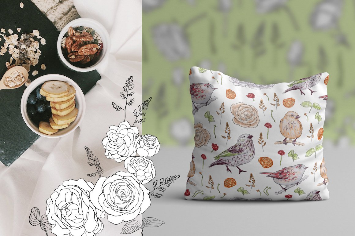 Birdy Roses Collection: Floral Clipart & Patterns