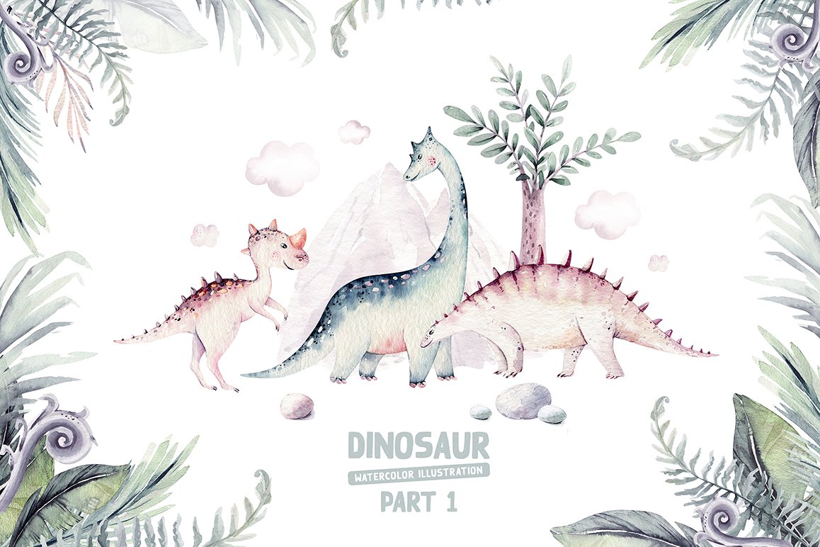 Dino Watercolor Collection. Dinosaur Set. Part I