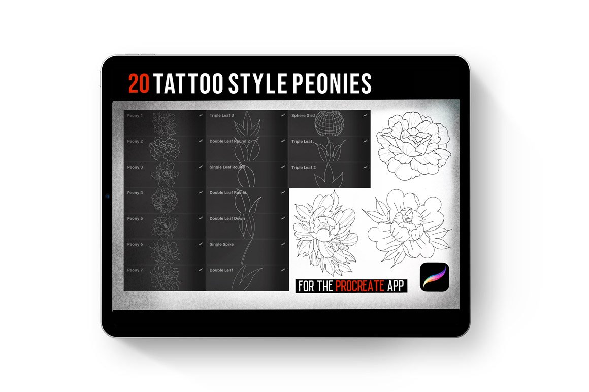 Procreate Tattoo Style Peonies & Leaves
