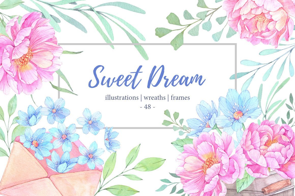 Sweet Dream. Watercolor Set. Peony flowers