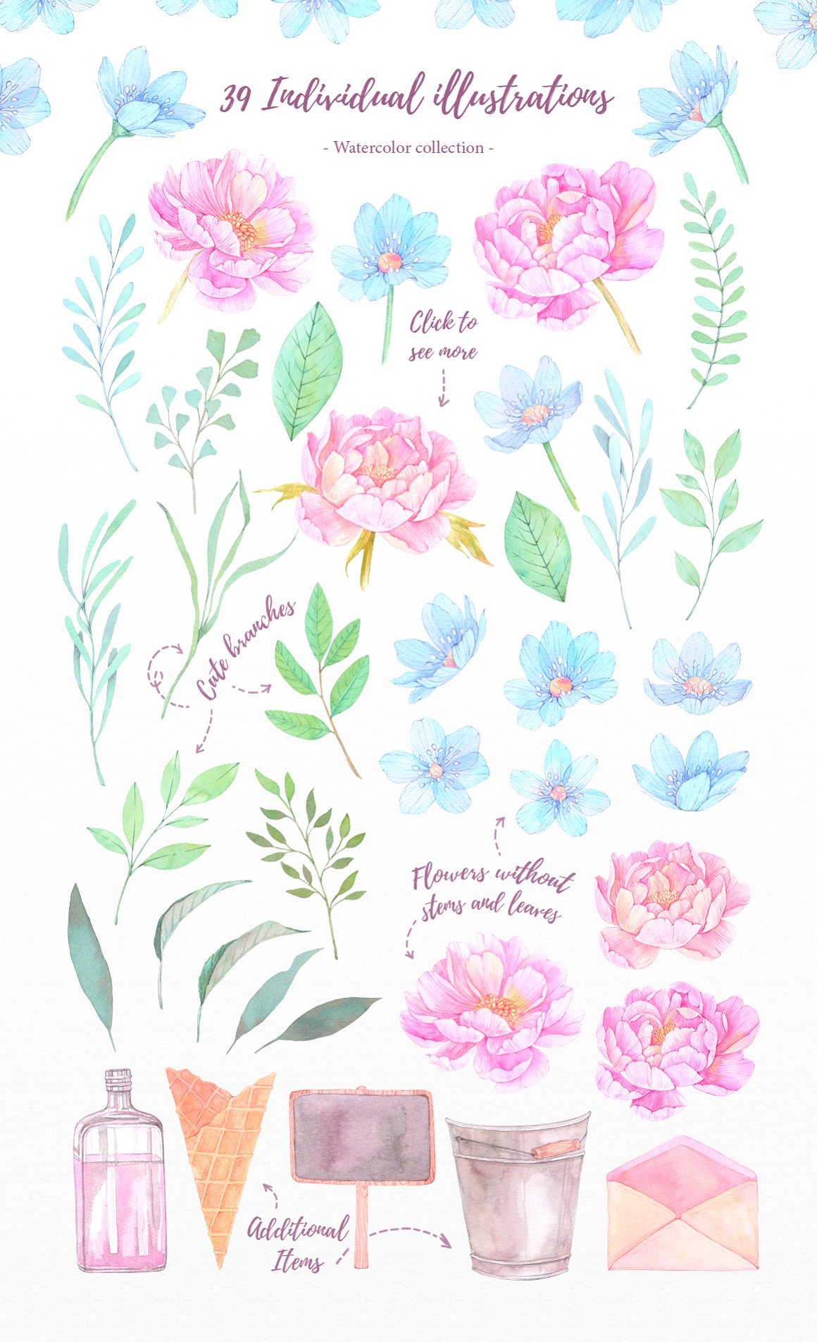 Sweet Dream. Watercolor Set. Peony flowers