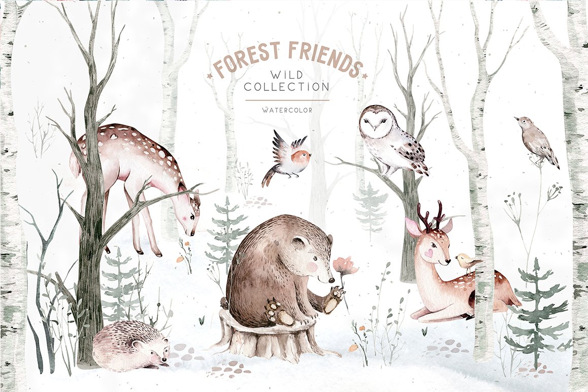 Watercolor Scandinavian Forest Friends Animal Set