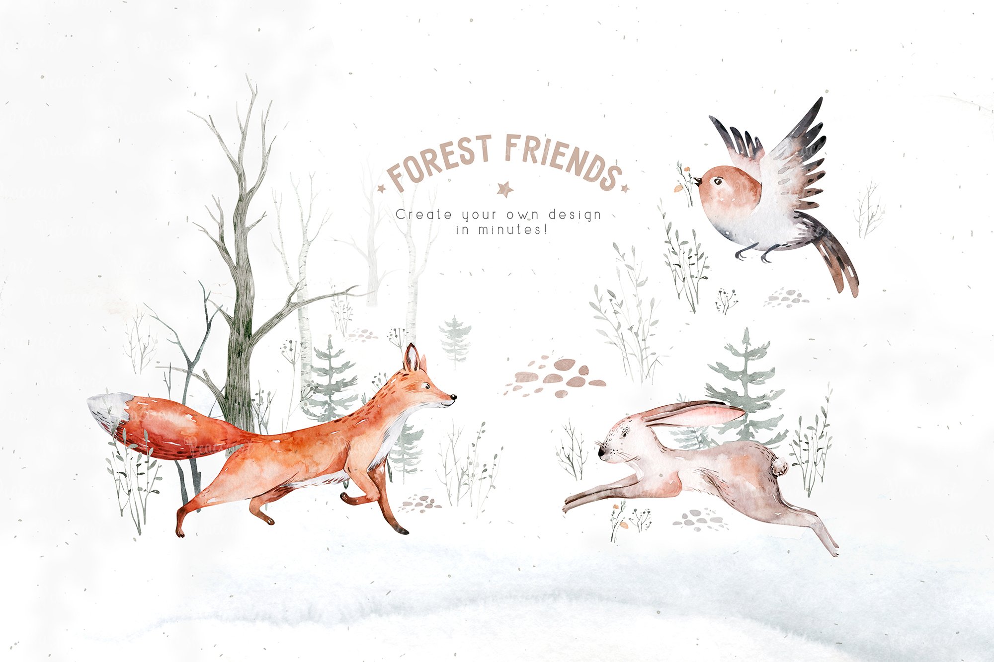 Watercolor Scandinavian Forest Friends Animal Set
