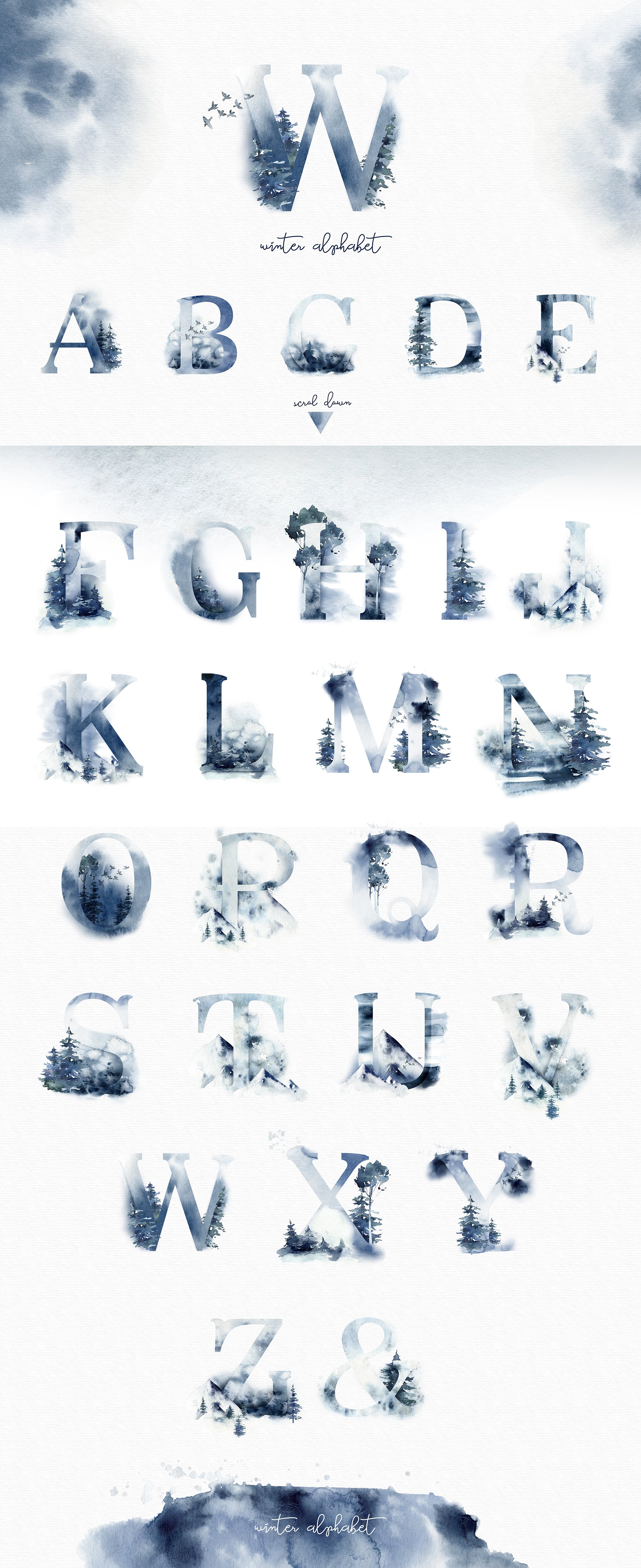 Winter Time Alphabet Watercolor Collection