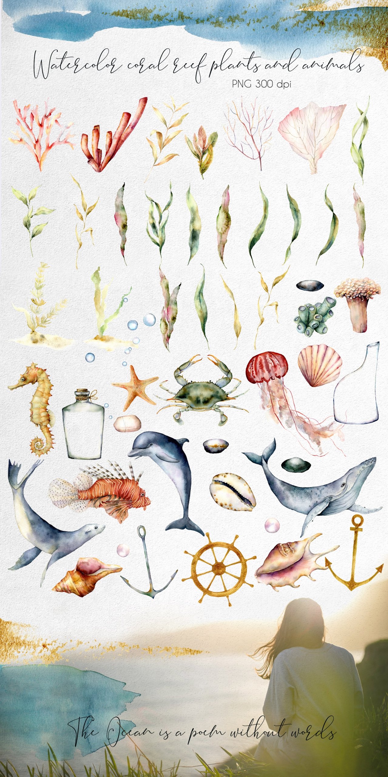 Ocean Soul. Watercolor Underwater Clipart