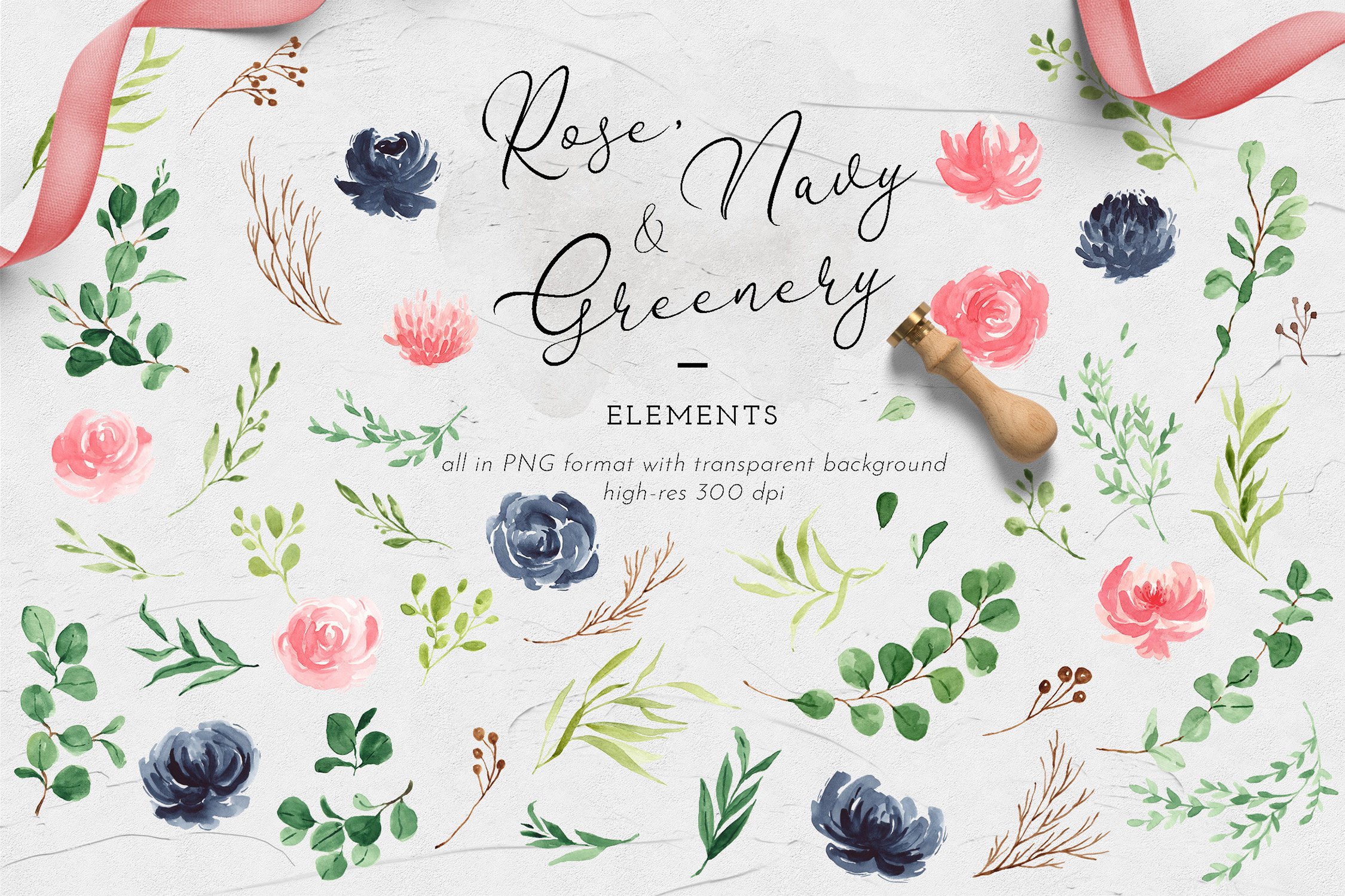 Rose, Navy & Greenery Illustration Pack
