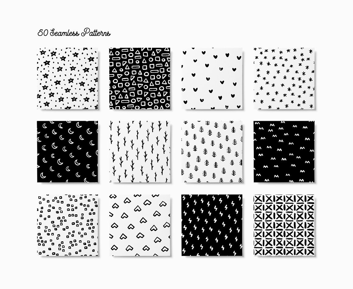 50 Hand-Drawn Monochrome Seamless Patterns Set