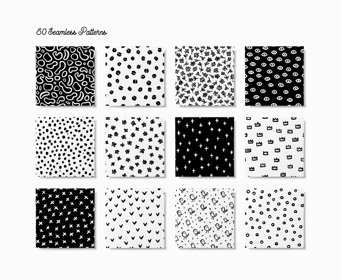 50 Hand-Drawn Monochrome Seamless Patterns Set