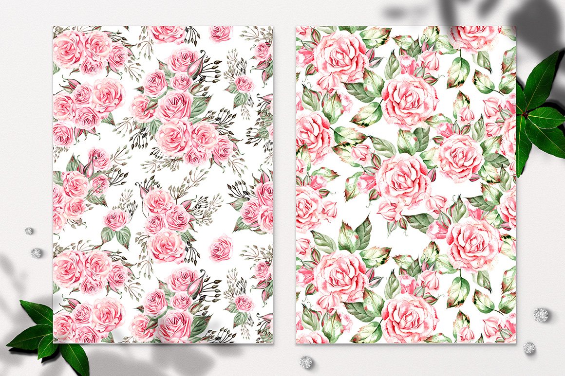 Hand Drawn Watercolor Roses & Cotton