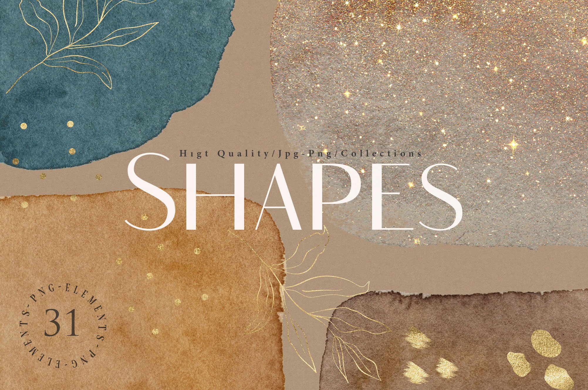 Watercolor Shapes & Gold Elements PNG Overlays