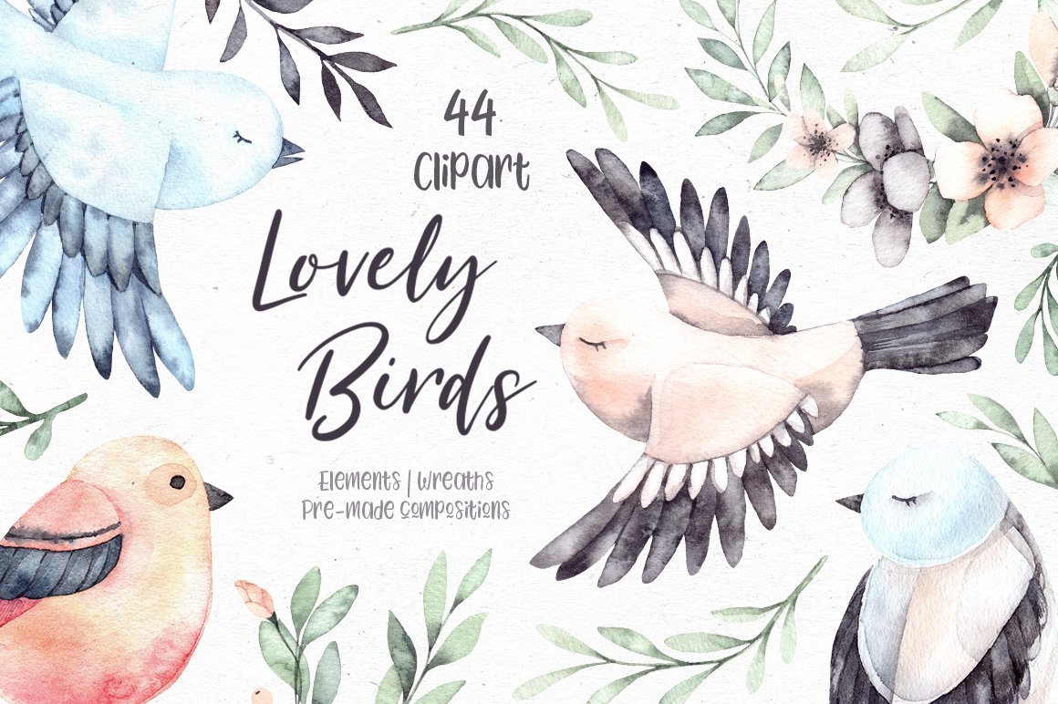 Lovely Birds. Watercolor Set of Cute Characters