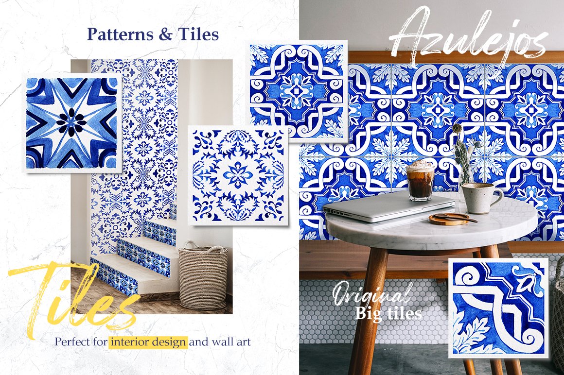Portuguese Azulejos Watercolor Tiles and Patterns