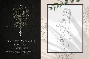 Women & Moon. Floral Logo, Tattoo, Cards, Stickers