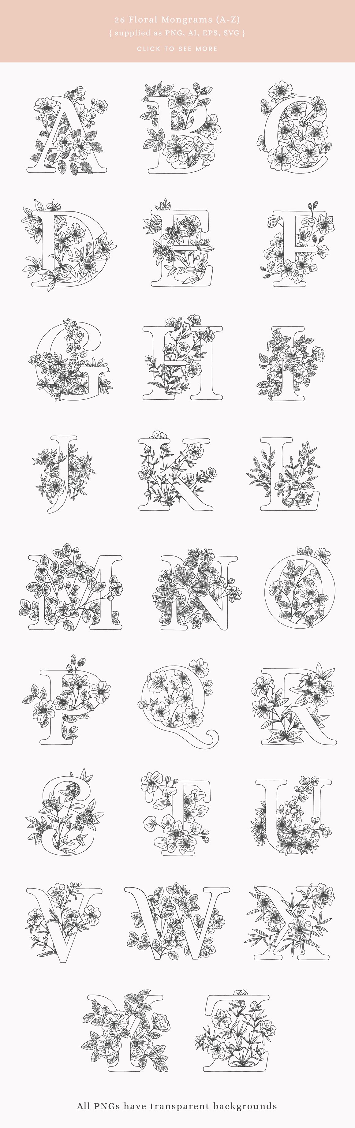 Floral Alphabet Vector Illustrations