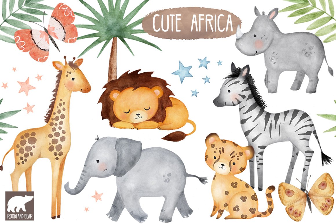 Watercolor African Animals, Jungle, Safari