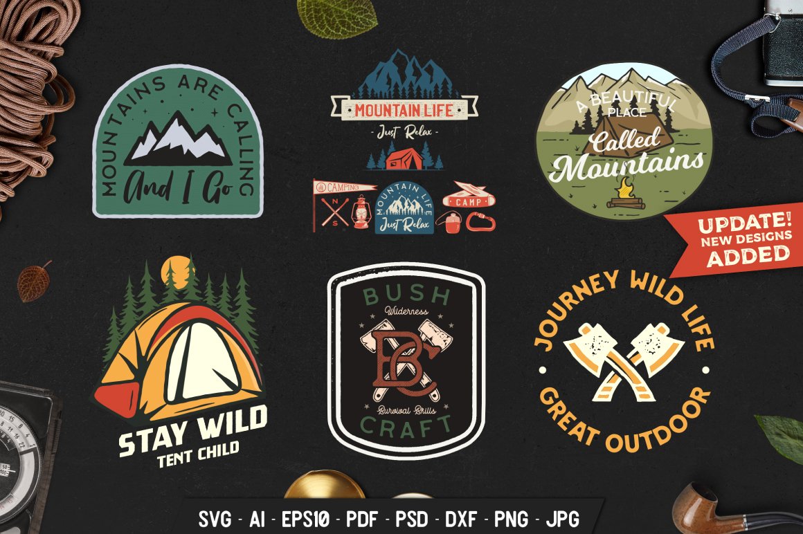 18 Retro Camp Badges / Outdoor Stickers Set