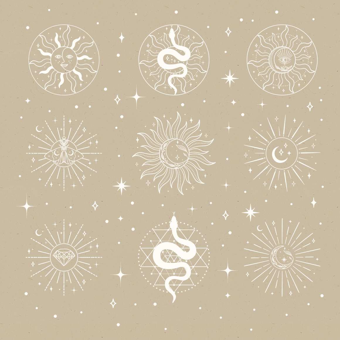 Sacred Sun Logo Design Illustrations - Moon & Stars