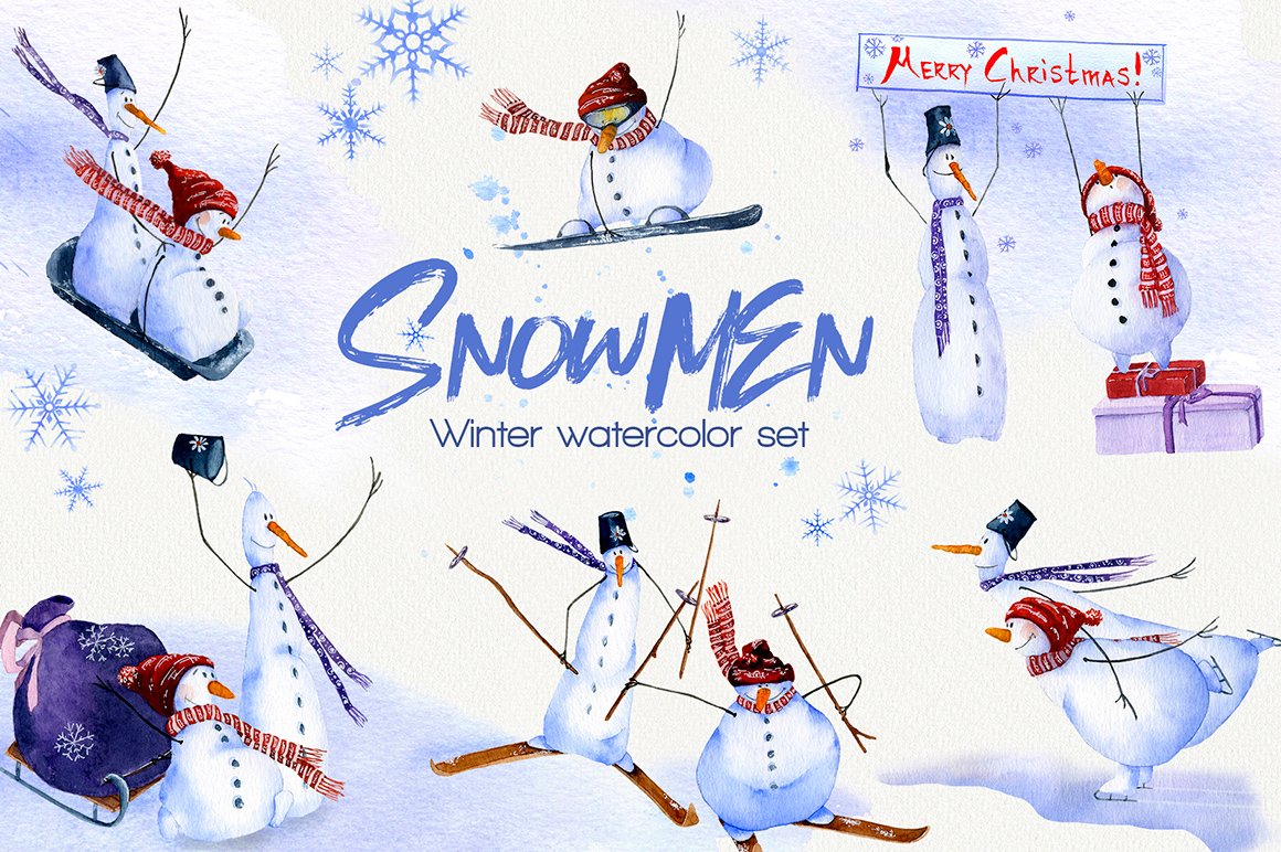 Snowmen Watercolor Winter Set