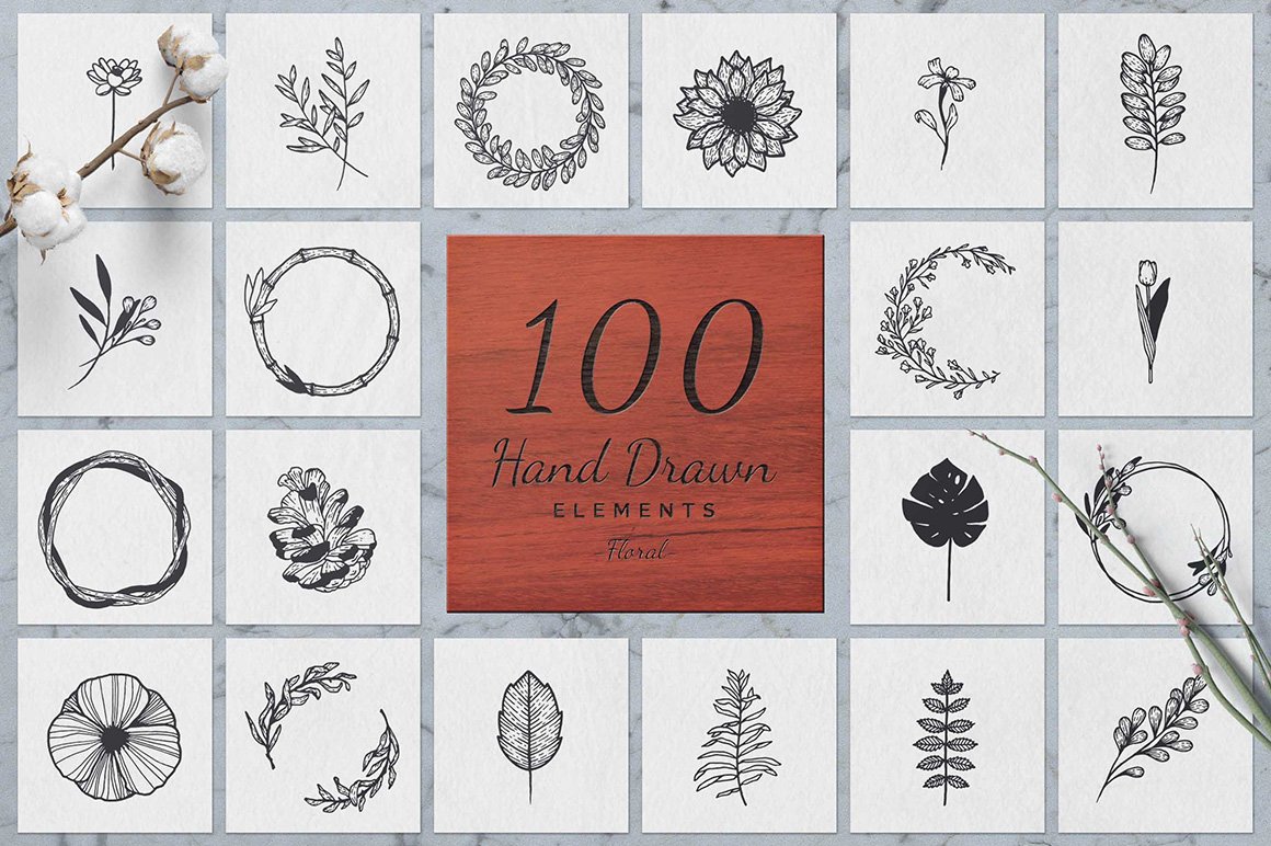 100 Hand Drawn Elements - Floral