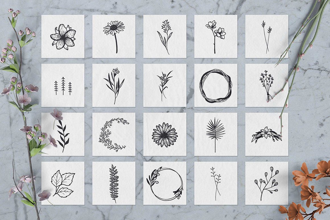 100 Hand Drawn Elements - Floral