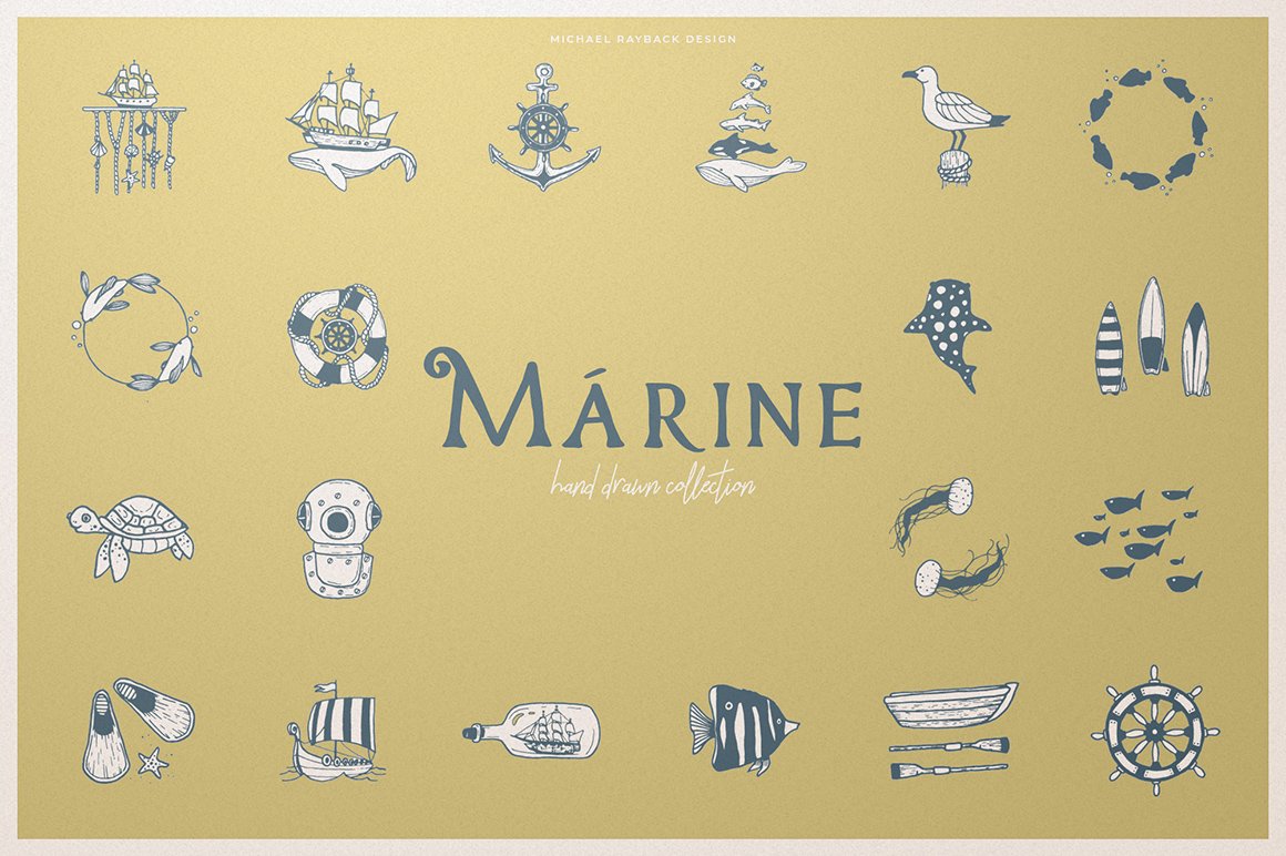 200 Hand Drawn Elements - Marine