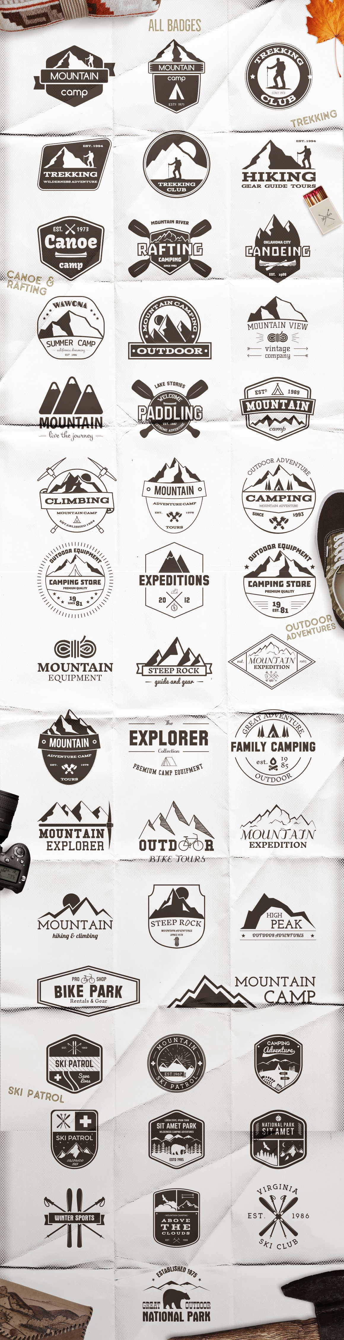 52 Camping Logos + 20 Icons Collection