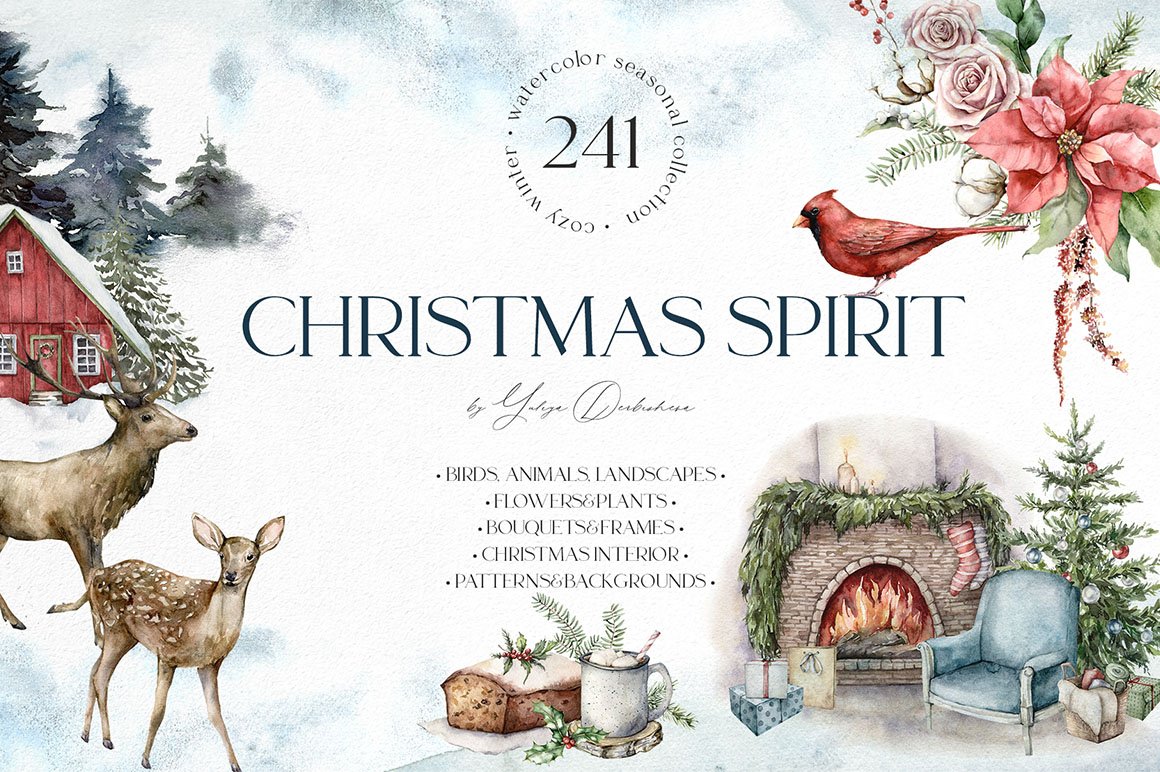 Christmas Spirit Watercolor Winter Clipart - Design Cuts