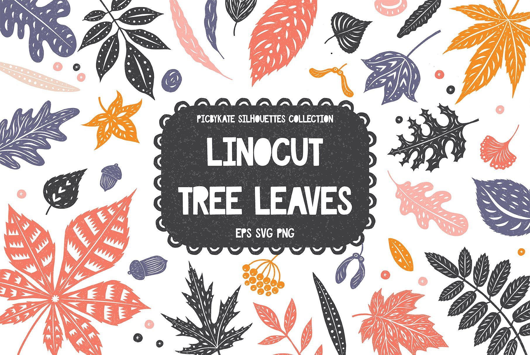 Linocut Tree Leaves Silhouettes Collection