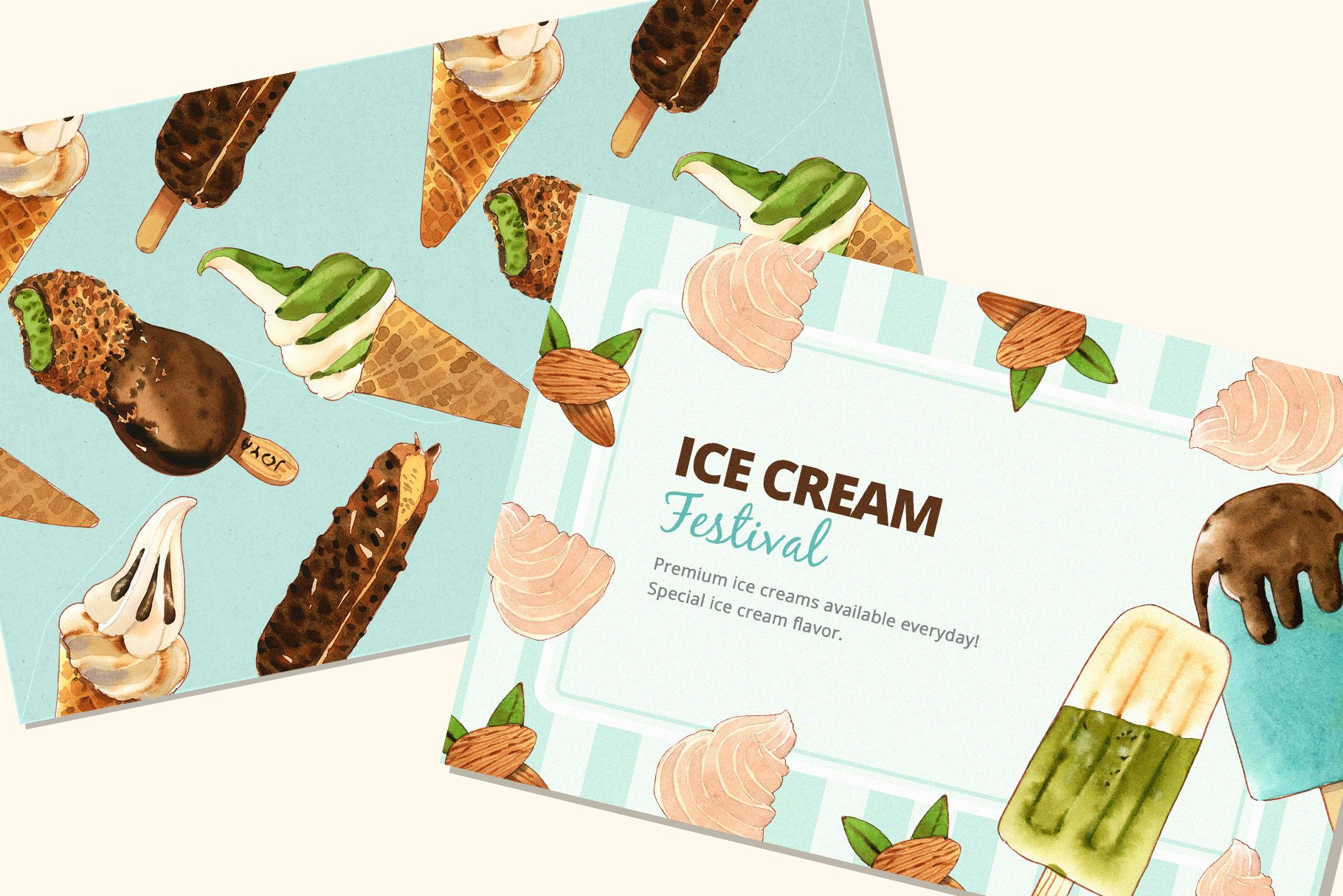 Ice Cream Sweet Summer Set Watercolor Illustration