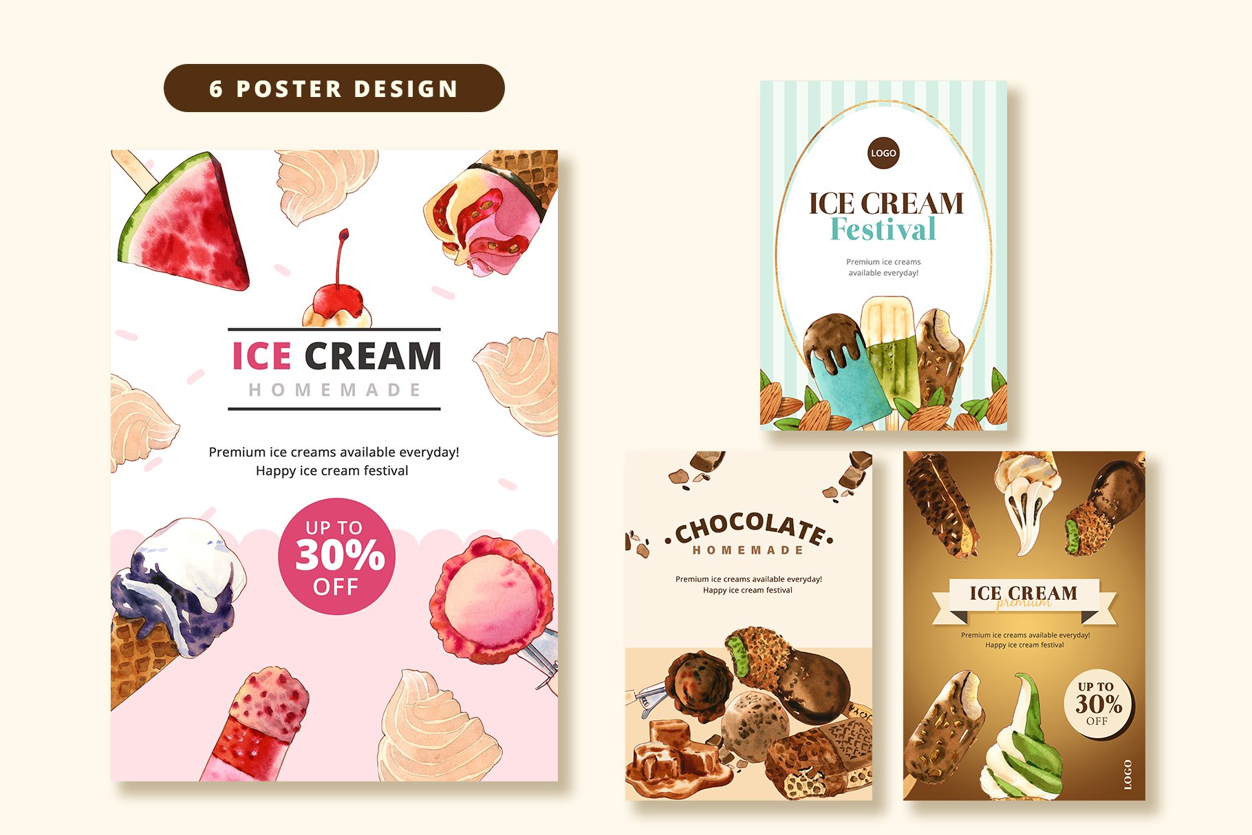 Ice Cream Sweet Summer Set Watercolor Illustration