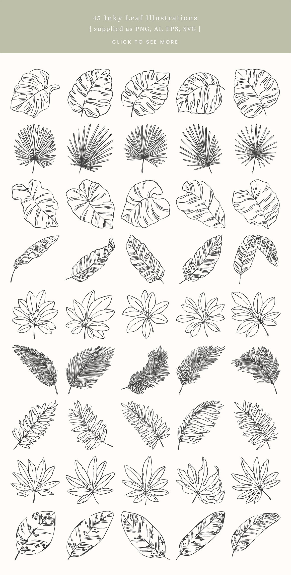 Inky Tropical Leaf Vector Illustrations