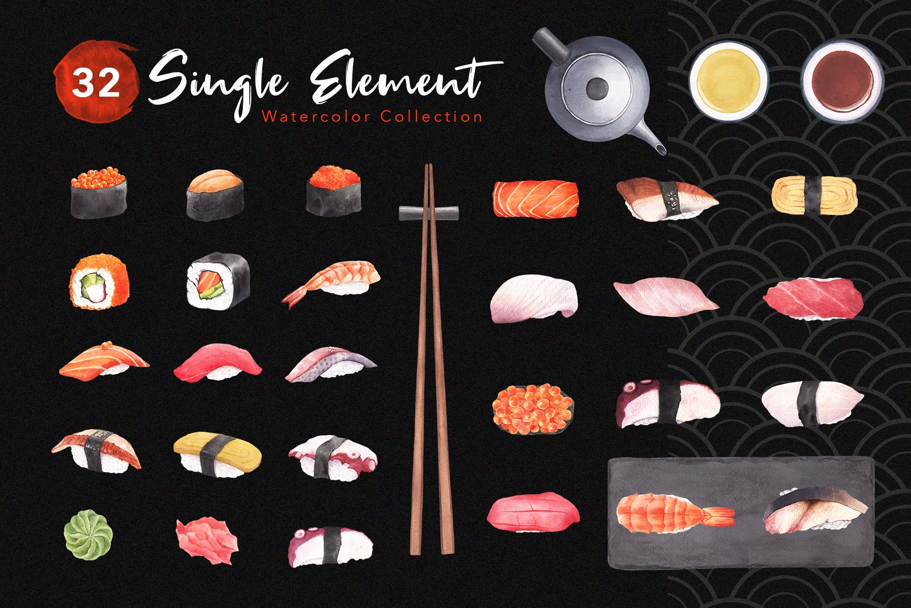 Sushi & Sashimi Japanese Food Watercolor