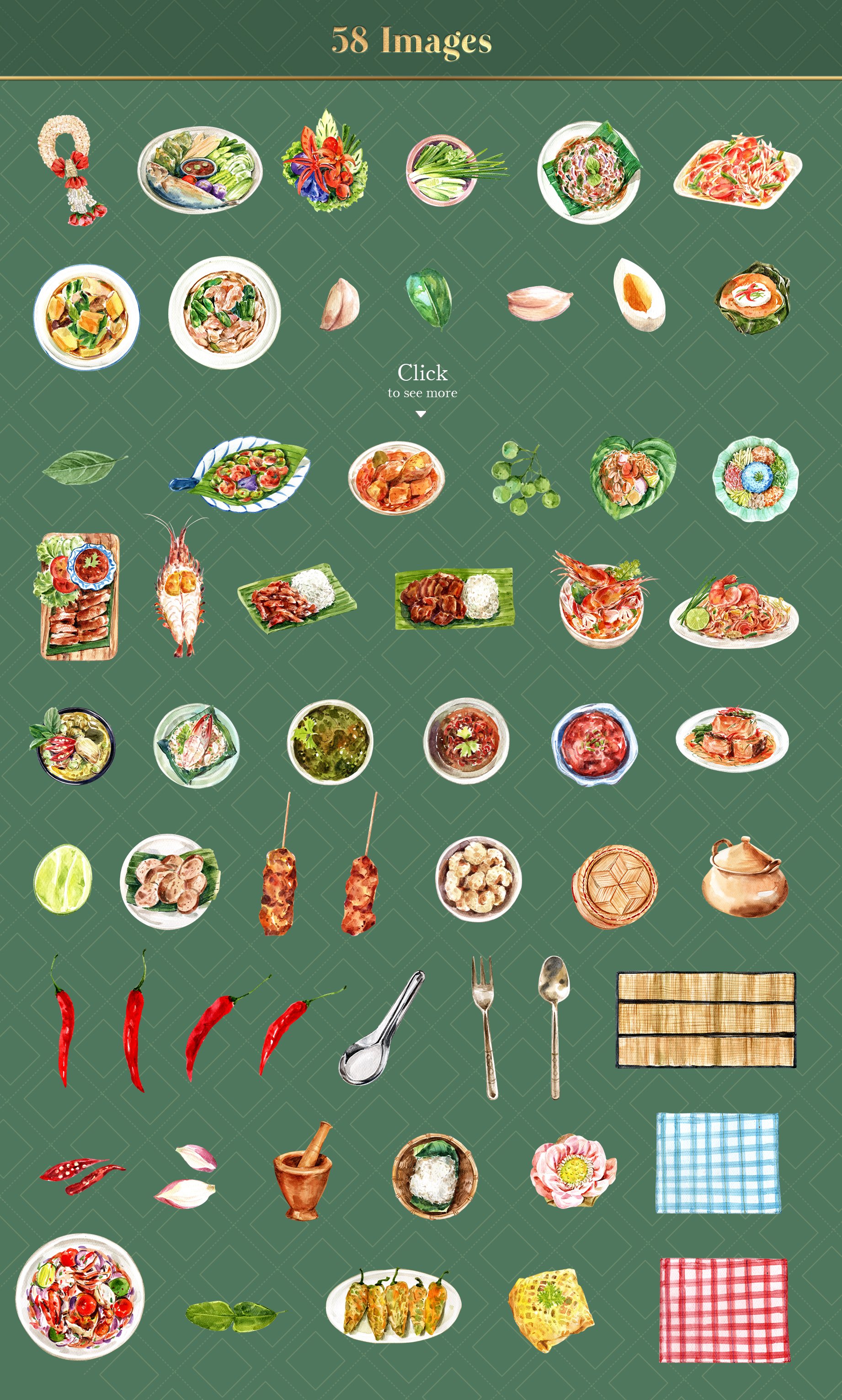 Thai Food Dishes Watercolor