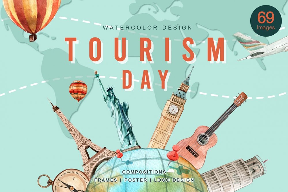 World Tourism Day Watercolor Set - Design Cuts