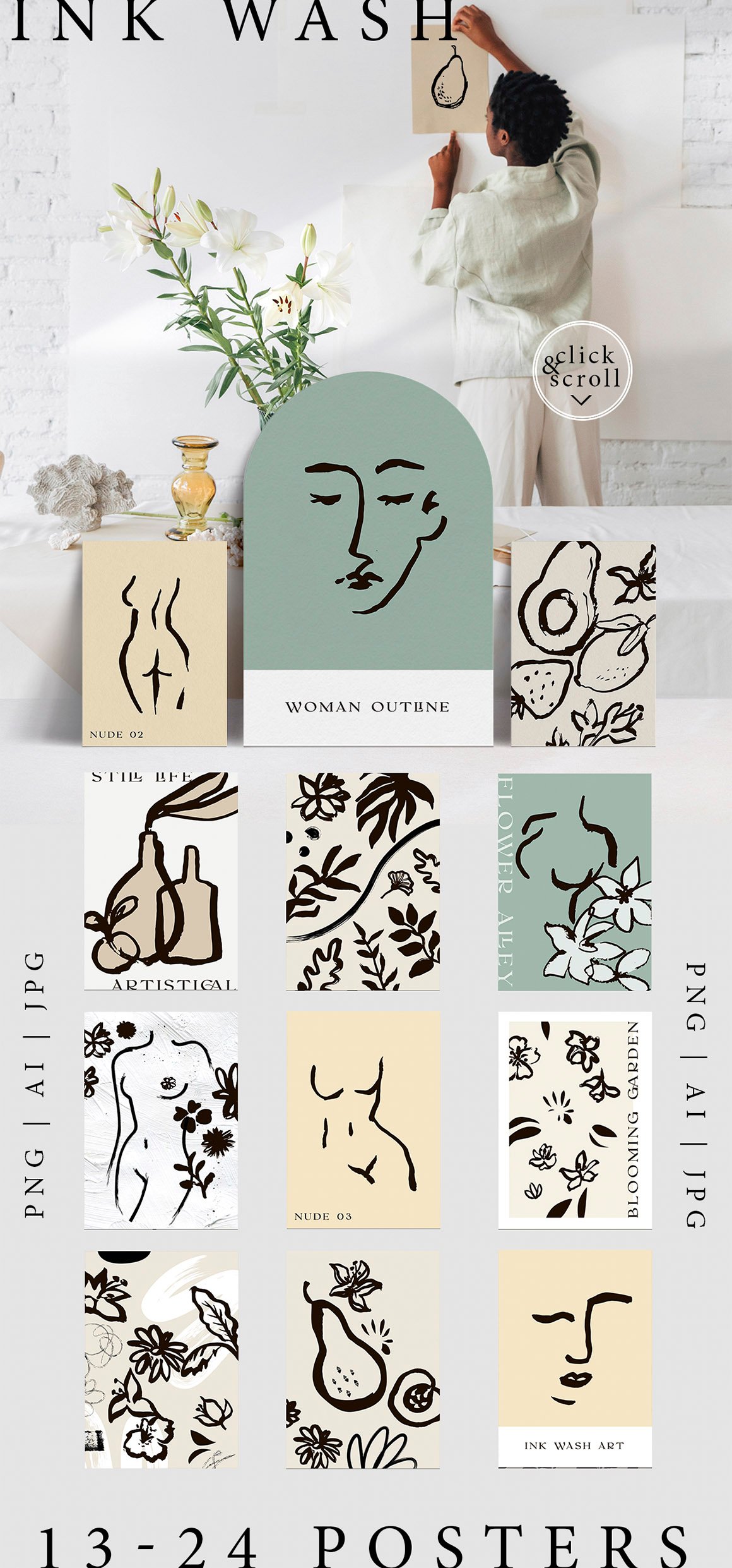 Abstract Ink Wash Floral Posters