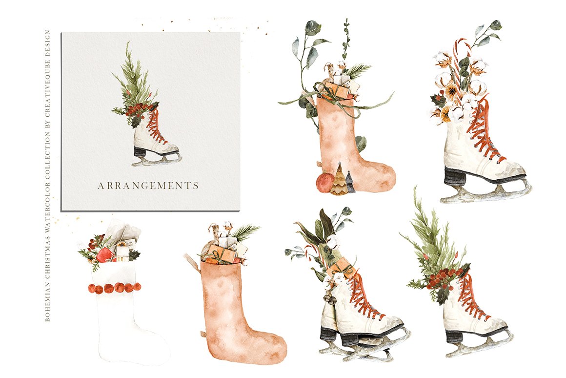 Bohemian Christmas Digital Watercolor Clipart Set