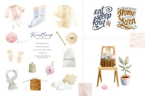 Knitting Watercolor Illustrations Clipart