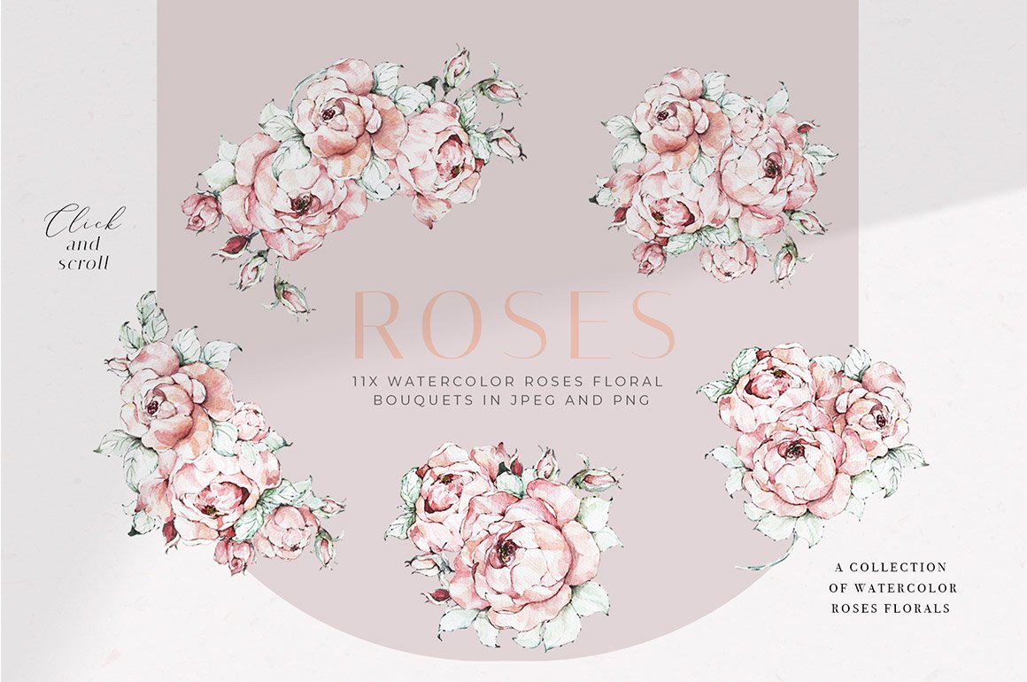 Watercolor Roses Pink Floral Clipart Set