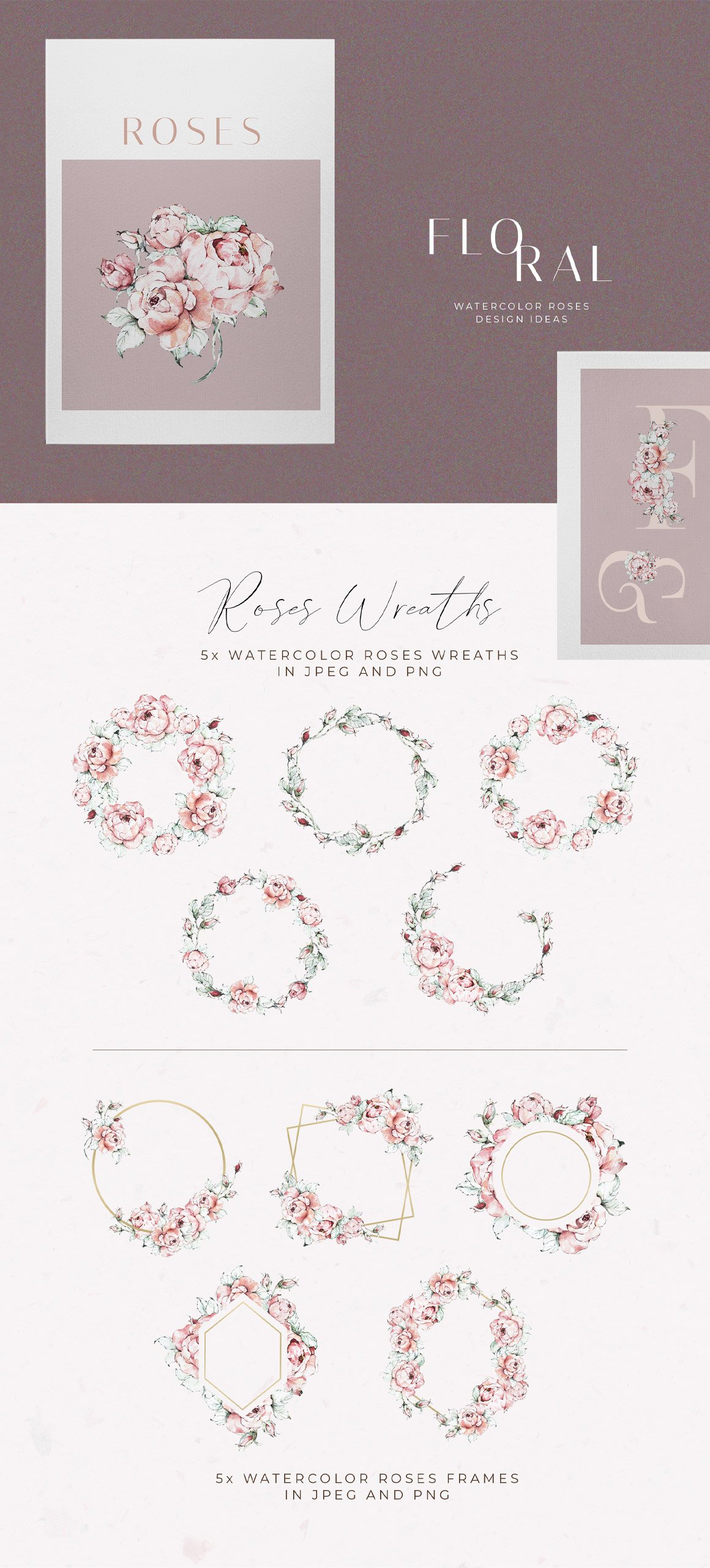Watercolor Roses Pink Floral Clipart Set