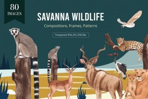 Animals of the Savanna Wildlife Watercolor